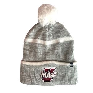 47’ Brand UMASS Amherst Winter Striped Cuff Knit Beanie Hat with Pom Grey White